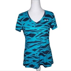 Under Armour Teal Striped Workout Top, Women’s Shot Sleeve Pullover Shirt Sz SP